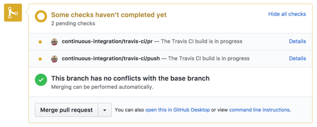 Travis putting status checks on a pull request that are contingent on a successful build.